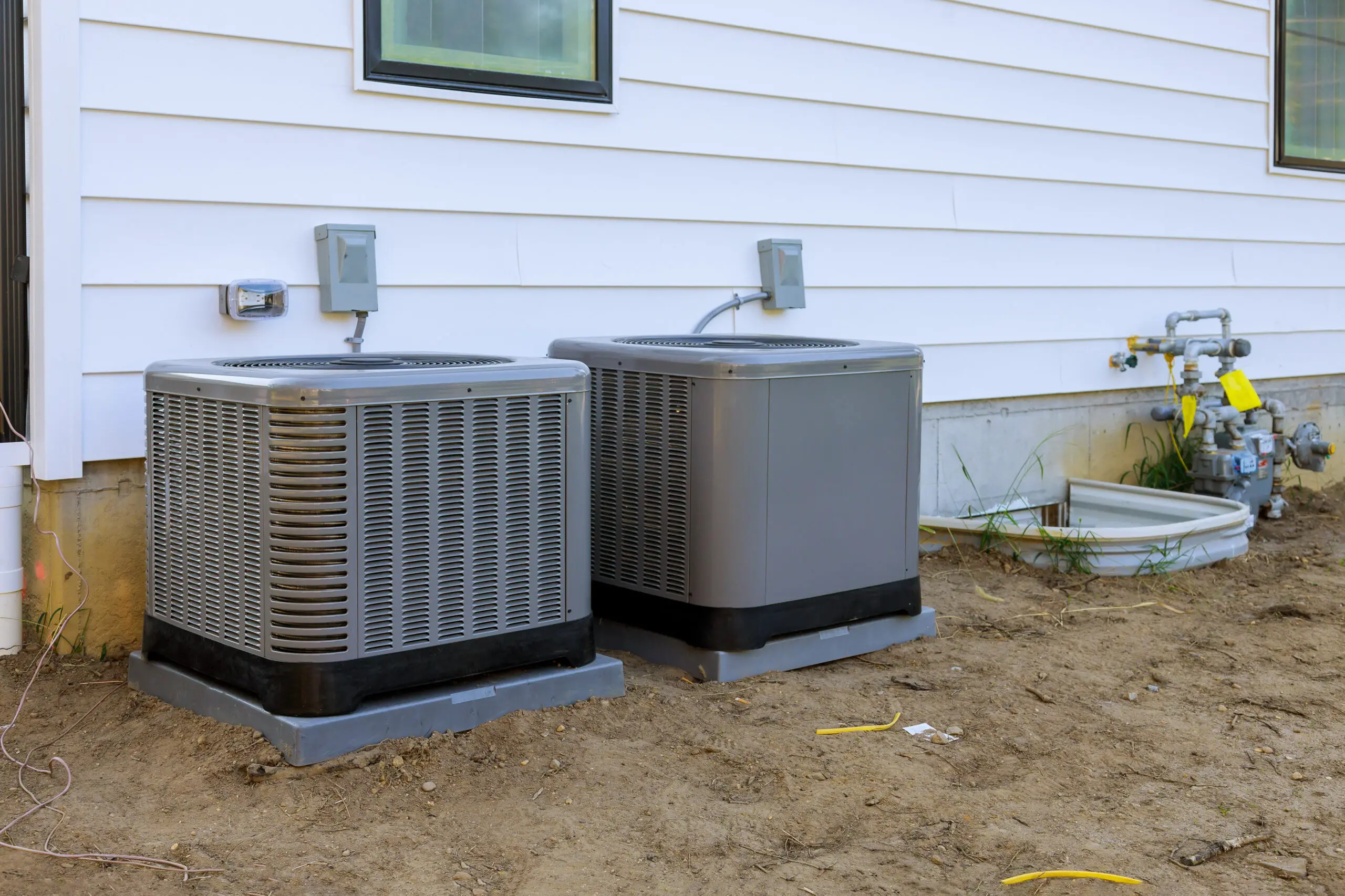 Air conditioning system unit installed outside facade of the new house