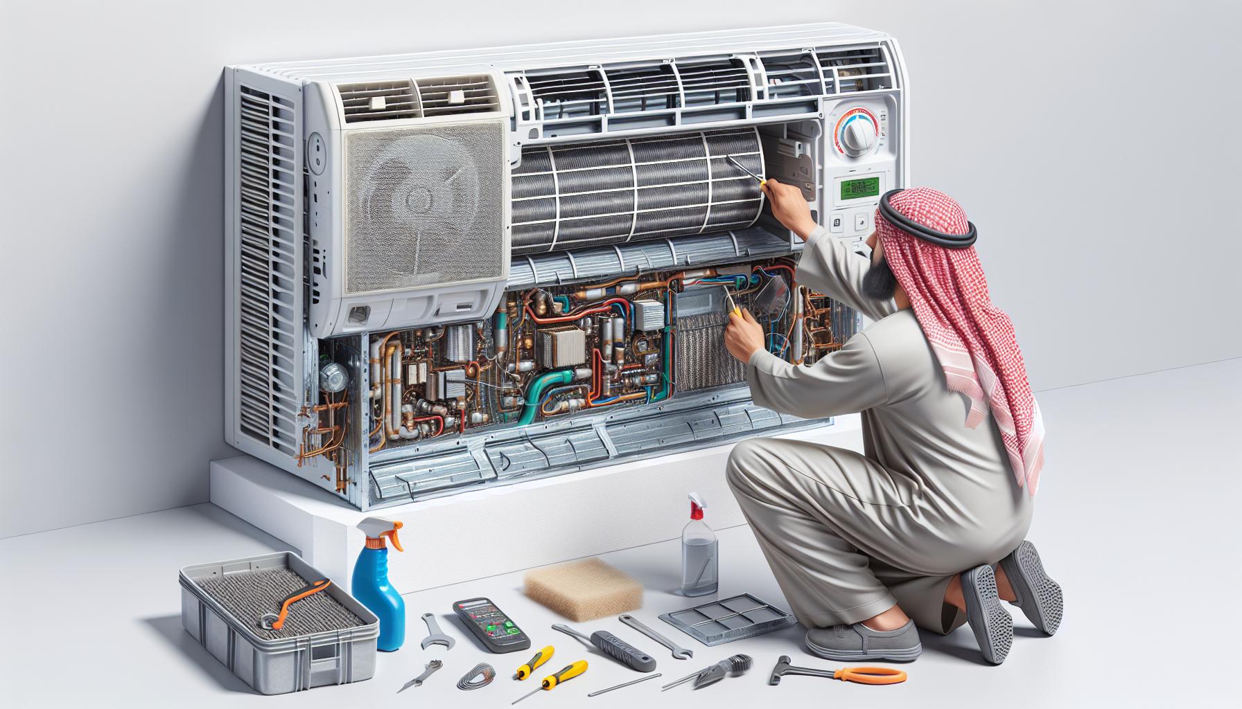 Technician repairing air conditioning unit with tools.