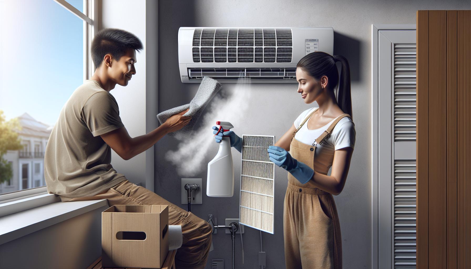 Couple Cleaning Air Conditioner at Home