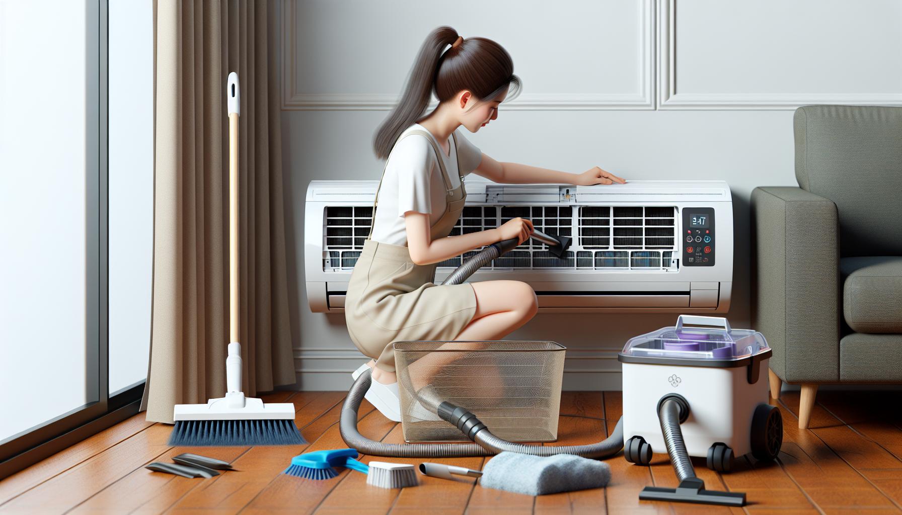 Woman performing maintenance on home air conditioner.