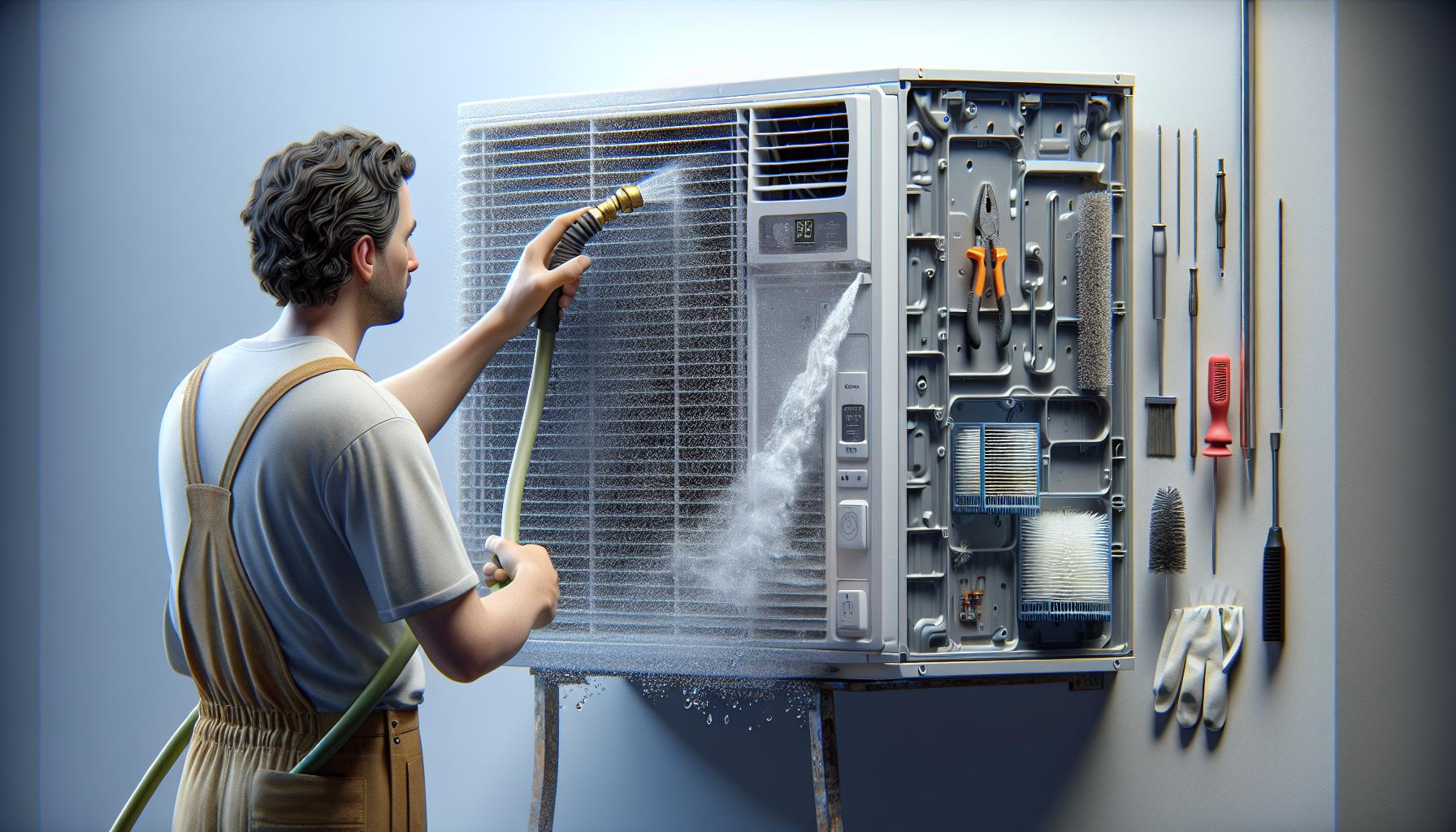 Man cleaning air conditioner unit with brush